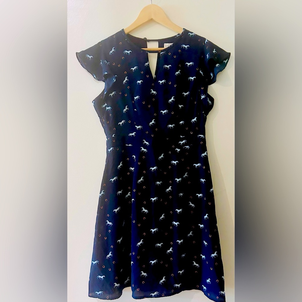 Elegant Navy Dress with Horse Print